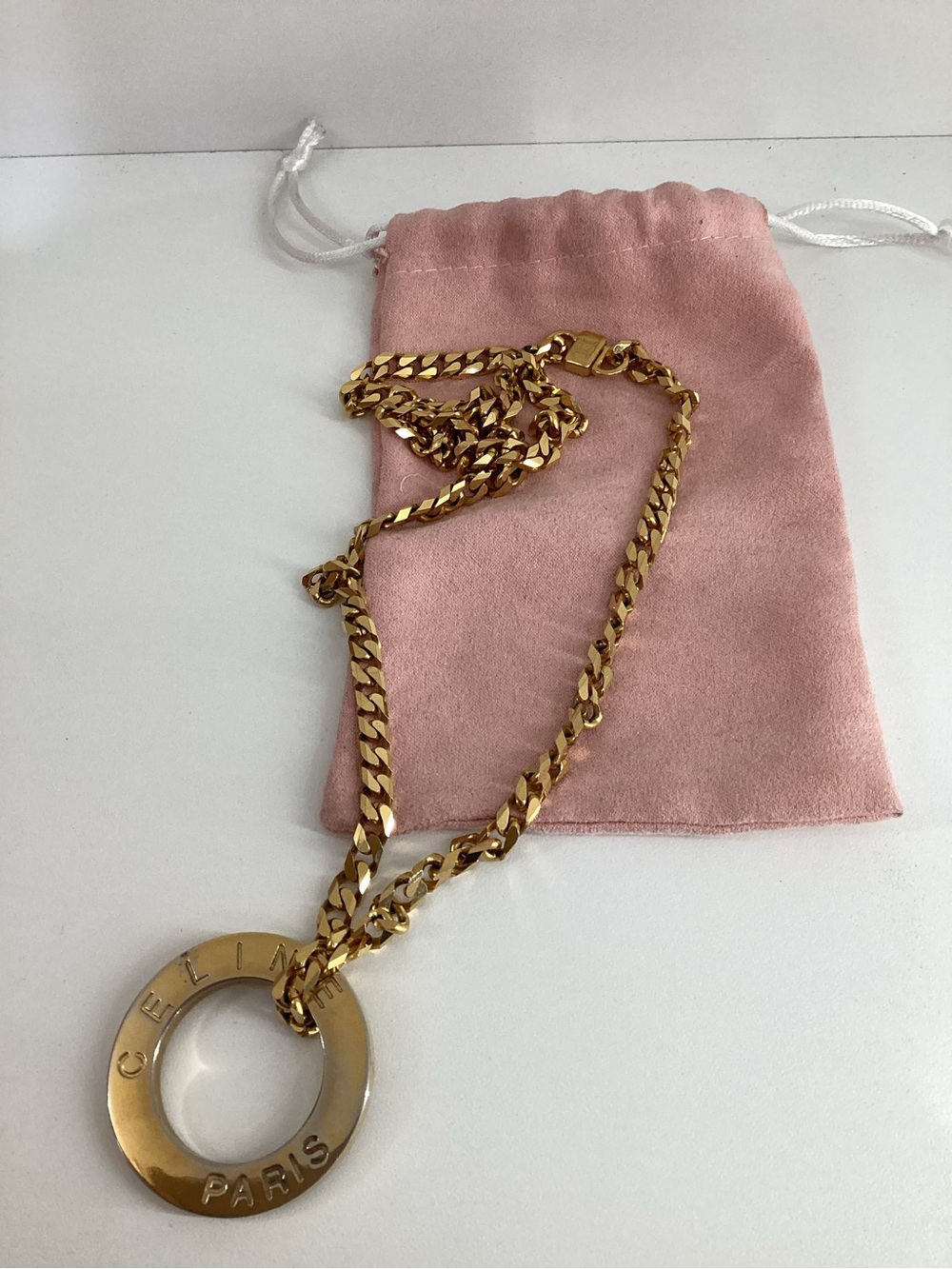 Vintage Celine Gold Tone Ring Necklace with Pink Pouch